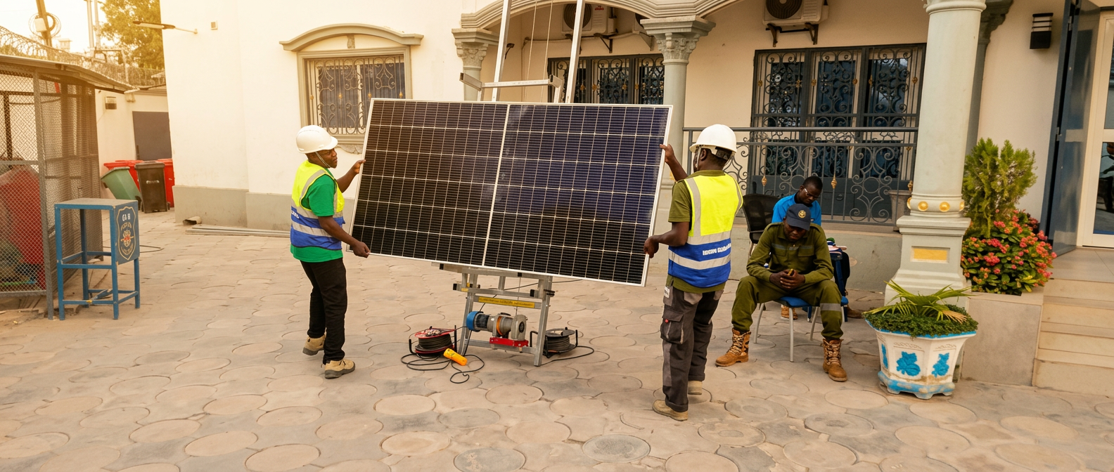Rooftop solar PV array on a commercial building in warm sunlight